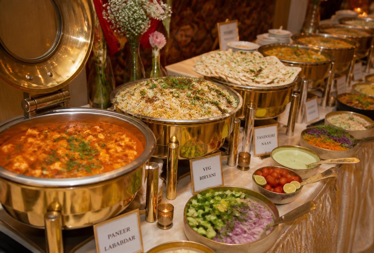 Indian wedding buffet counter with chafing dishes at a Noida wedding