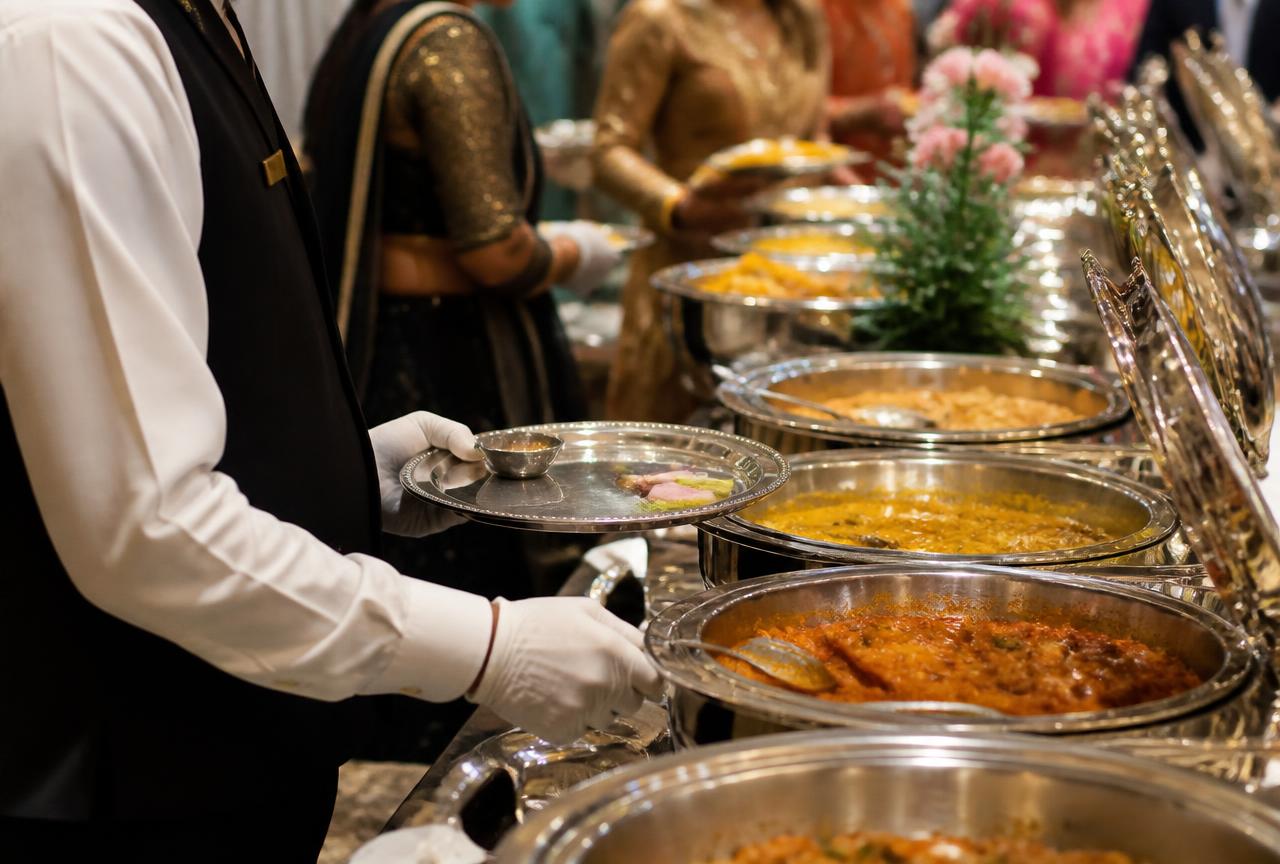 Professional catering staff serving guests at an event in Noida