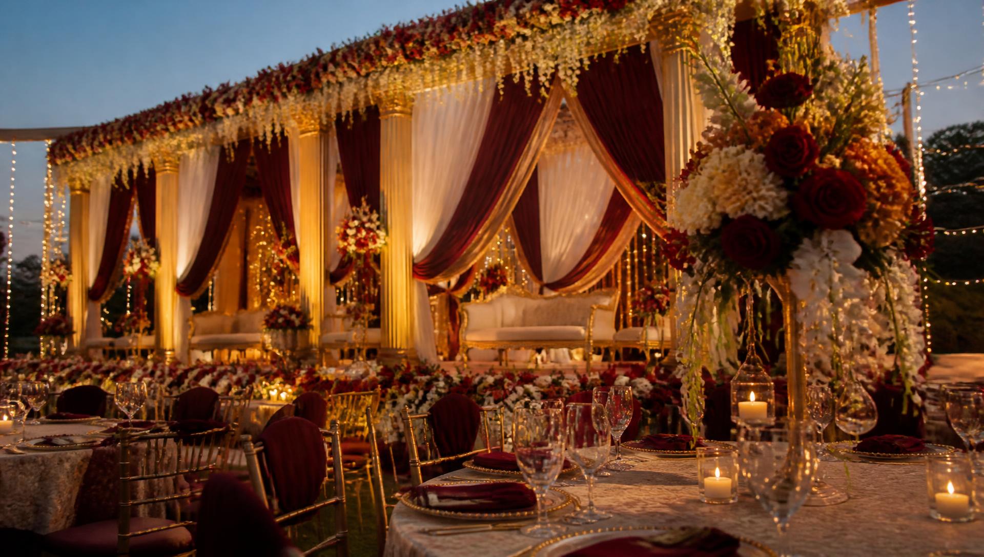 Elegant Indian wedding venue in Noida with floral stage decoration and catering table setup